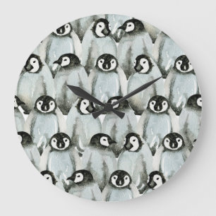 Reloj Redondo Grande Patrón sin foco con pingüinos adorables.