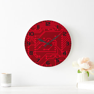 Reloj Redondo Grande Patrón tecnológico de placa de circuito rojo retro