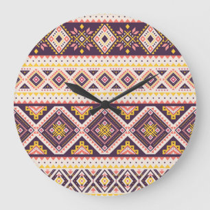 Reloj Redondo Grande Patrón tribal azteca rayado, geométrico.