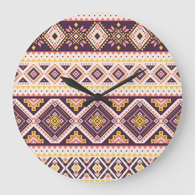 Reloj Redondo Grande Patrón tribal azteca rayado, geométrico. (Anverso)