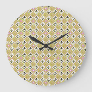 Reloj Redondo Grande Patrón Tribal Geométrico Moderno de Oliva y Magent