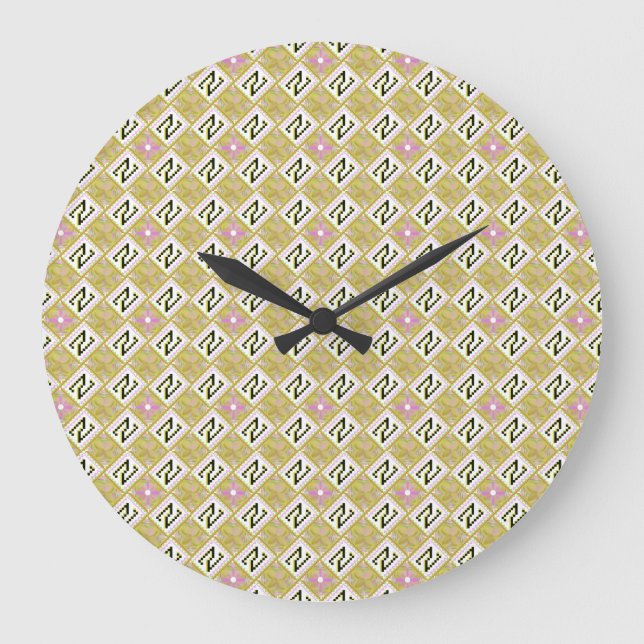 Reloj Redondo Grande Patrón Tribal Geométrico Moderno de Oliva y Magent (Anverso)