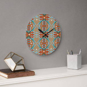 Reloj Redondo Grande Patrón tribal marrón del Naranja azul turquesa Aqu