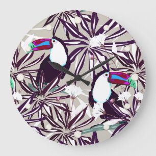 Reloj Redondo Grande Patrón tropical con palmeras y aves.