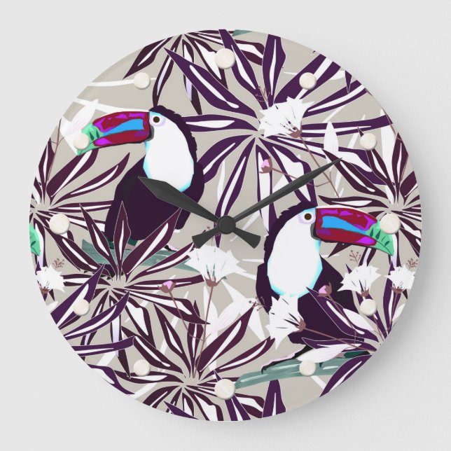 Reloj Redondo Grande Patrón tropical con palmeras y aves. (Anverso)