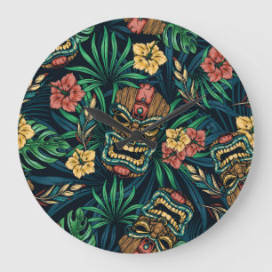 Reloj Redondo Grande Patrón tropical hawaiano de la máscara tiki