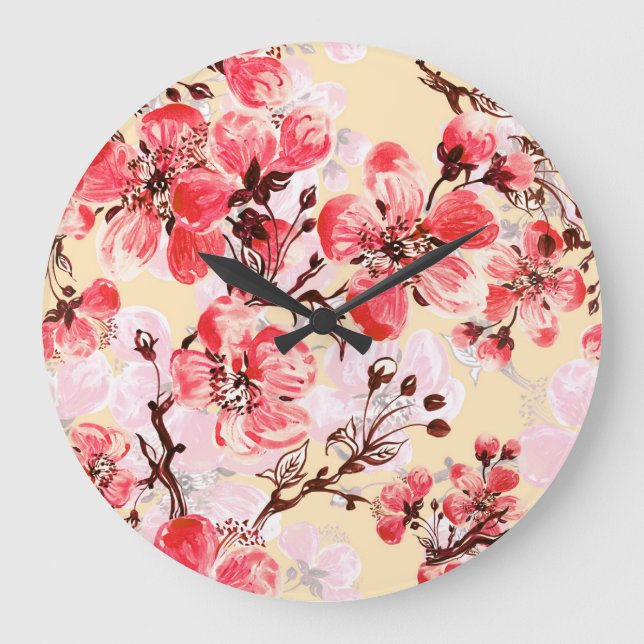 Reloj Redondo Grande Patrón U de las flores de primavera (Anverso)