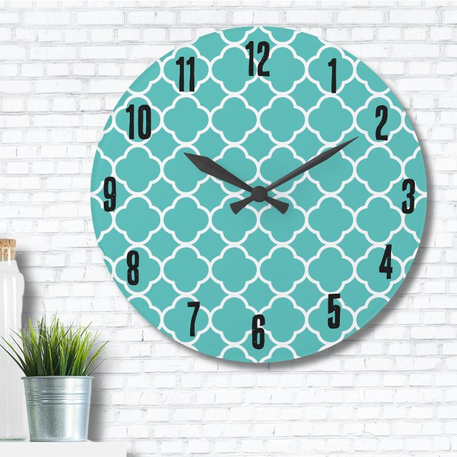 Reloj Redondo Grande Patrón Verde azulado marroquí (Stylish Cute Teal Turquoise Moroccan Print Pattern Large Clock)