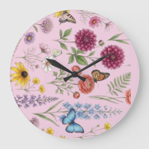 Reloj Redondo Grande Patrón Vintage Botánico de Flores Silvestres y Mar
