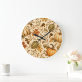 Reloj Redondo Grande Patrón vintage de calabaza y verduras de otoño 