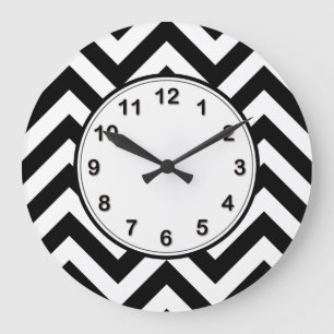 Reloj Redondo Grande Patrón ZigZag de Chevron grande negro y blanco