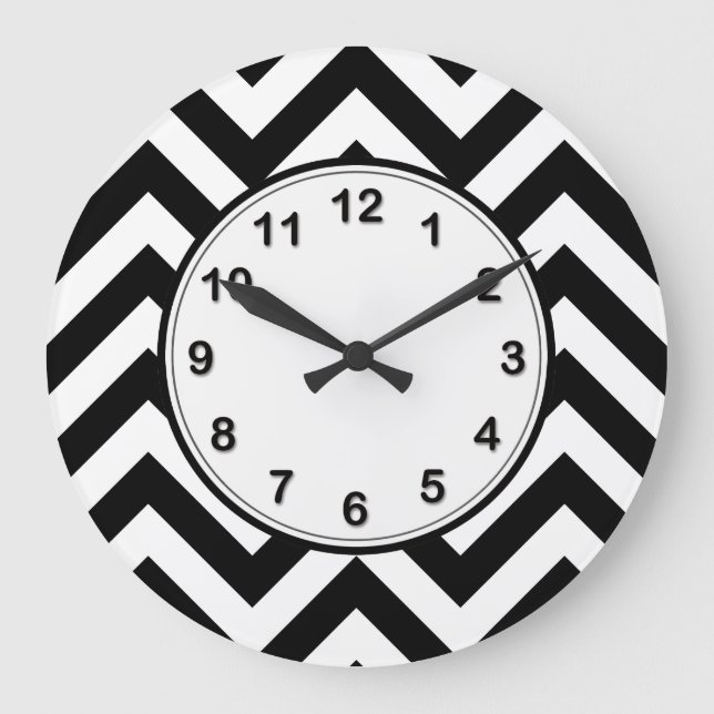 Reloj Redondo Grande Patrón ZigZag de Chevron grande negro y blanco (Anverso)