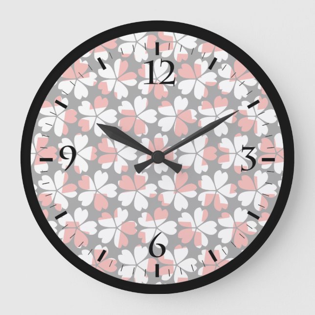 Reloj Redondo Grande Patrones de flores blancas rojas lisas (Anverso)