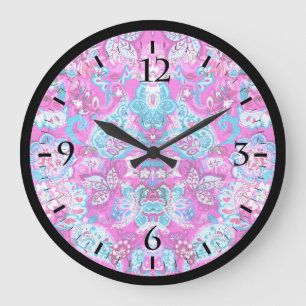 Reloj Redondo Grande Patrones de flores rosadas azules lindas