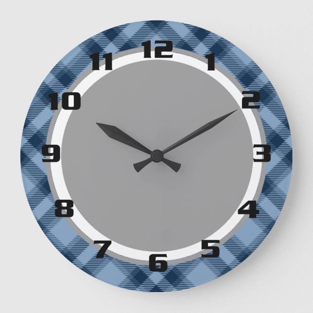 Reloj Redondo Grande Patten Blue Tartan Plaid de moda y moda (Anverso)