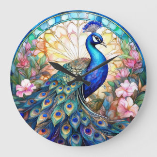 Reloj Redondo Grande Pavo real en vidrio teñido y acuarela