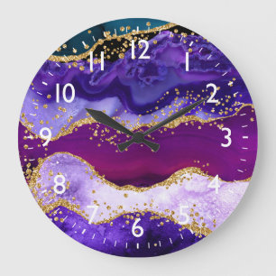 Reloj Redondo Grande Pavo Real Falso Agata Brillante Purpura y Azul