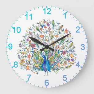 Reloj Redondo Grande Pavo real floral acuarela