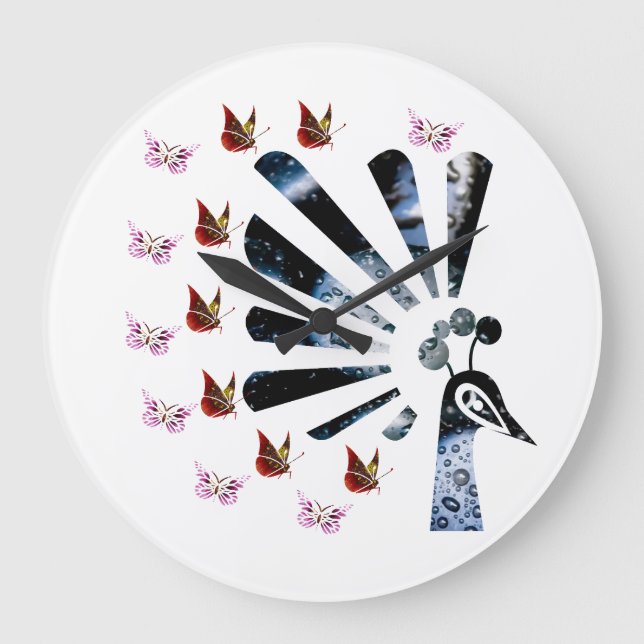 Reloj Redondo Grande pavo real y mariposas (Anverso)