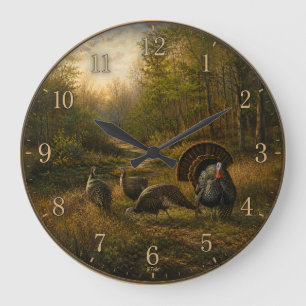 Reloj Redondo Grande Pavos silvestres en el bosque otoñal