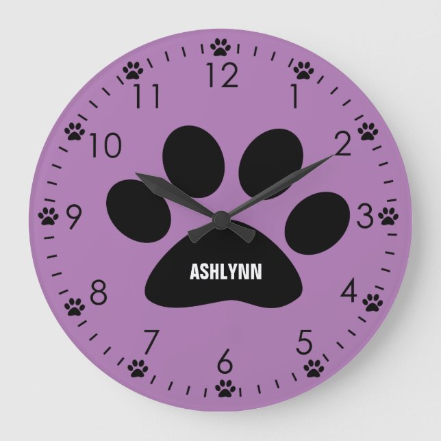 Reloj Redondo Grande Paw personalizada de perro morado (Anverso)