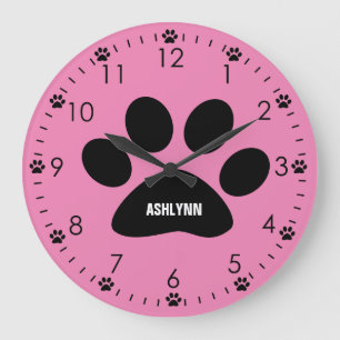 Reloj Redondo Grande Paw personalizada de perro rosado