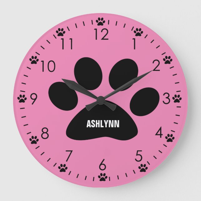 Reloj Redondo Grande Paw personalizada de perro rosado (Anverso)