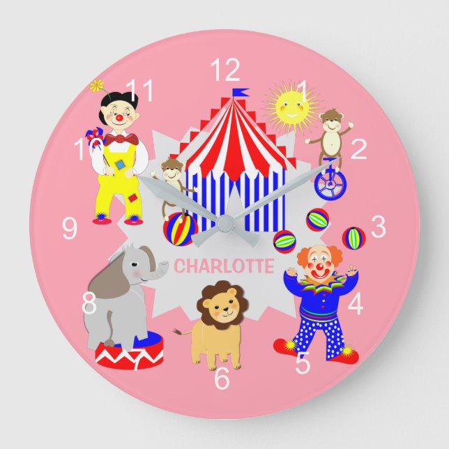 Reloj Redondo Grande Payasos Personalizados de carpas de circo y animal (Anverso)