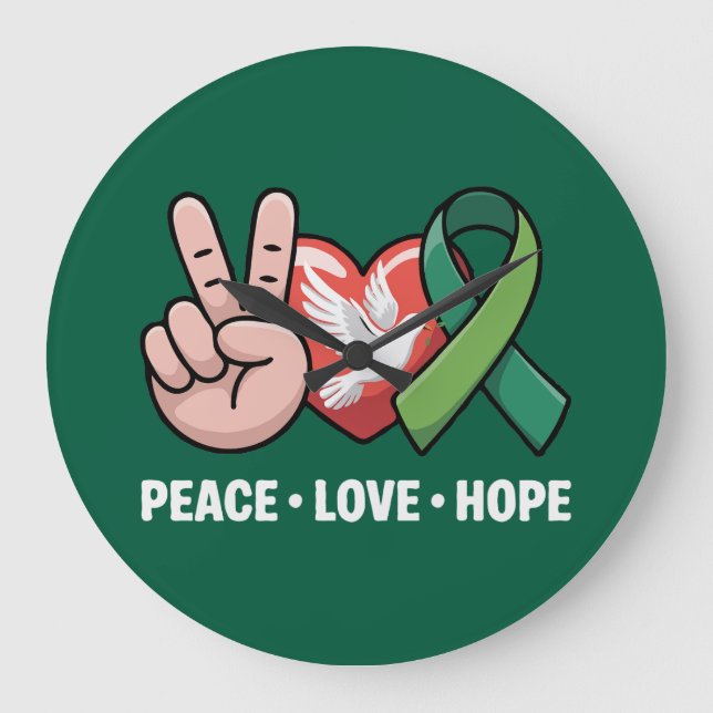 Reloj Redondo Grande Paz Amor Esperanza - Cinta Verde de Concientizació (Anverso)