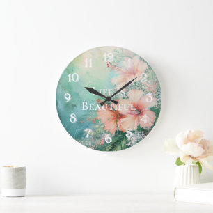 Reloj Redondo Grande Peach White Hibiscus Floral