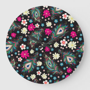 Reloj Redondo Grande Peacock Feathers Embroidery Patrón de Seamless