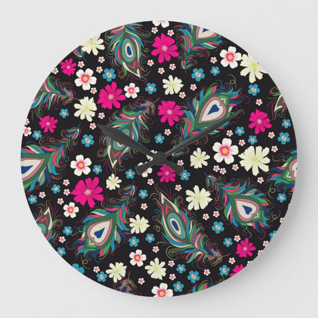 Reloj Redondo Grande Peacock Feathers Embroidery Patrón de Seamless (Anverso)