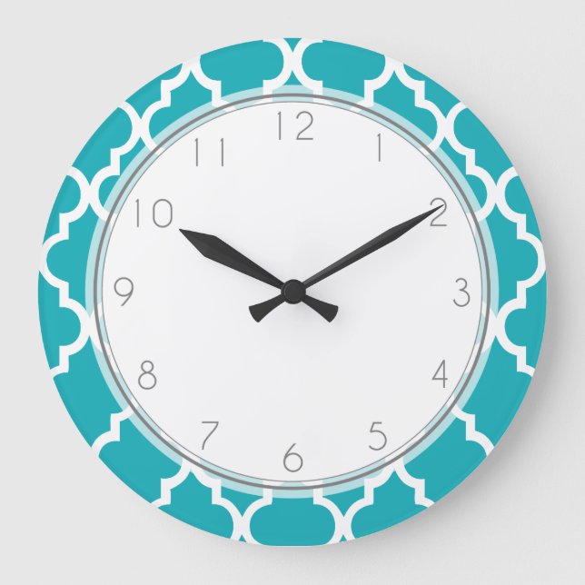 Reloj Redondo Grande Peacock Teal Quatrefoil Pattern (Anverso)