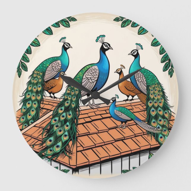 Reloj Redondo Grande *Peacocks en la azotea* (Anverso)