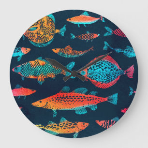 Reloj Redondo Grande Peces acuarelas: Azul profundo sin foco