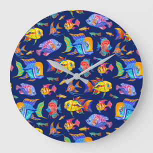 Reloj Redondo Grande Peces tropicales divertidos en azul oscuro