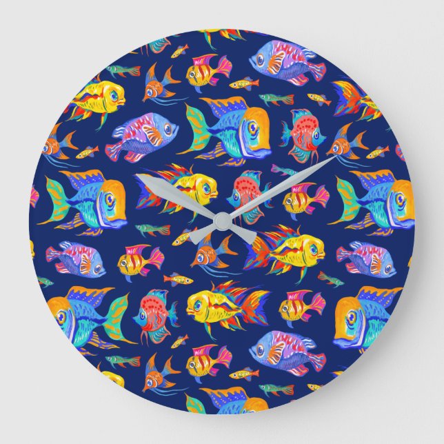 Reloj Redondo Grande Peces tropicales divertidos en azul oscuro (Anverso)