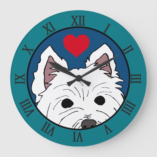 Reloj Redondo Grande Peeking Westie con corazón (Anverso)