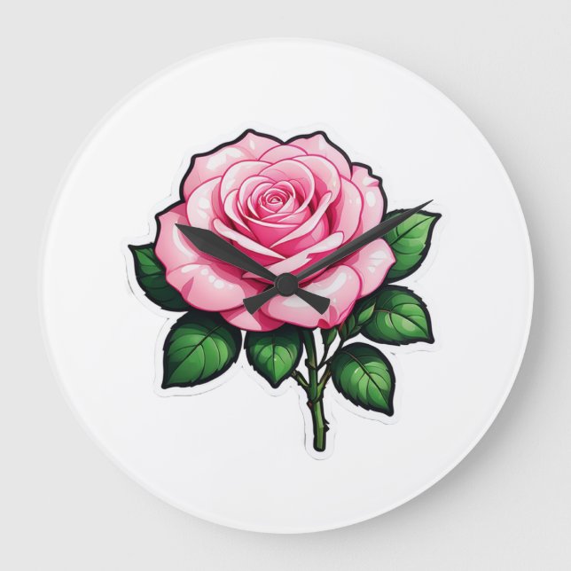 Reloj Redondo Grande Pegatina de flores rosa rosa transparente (Anverso)