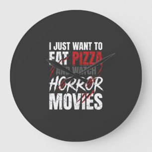 Reloj Redondo Grande Películas de terror de pizza Diseño de Halloween_1