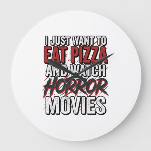 Reloj Redondo Grande Películas de terror de pizza tipografía vintage de