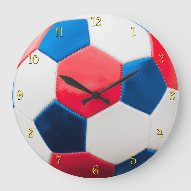 Reloj Redondo Grande Pelota roja blanca y azul de fútbol (Anverso)