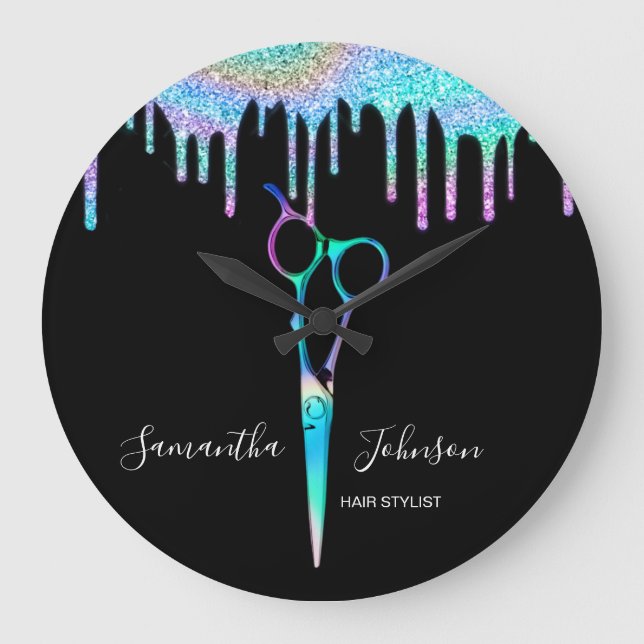 Reloj Redondo Grande Peluquería Holográfica Neon Unicorn B (Anverso)
