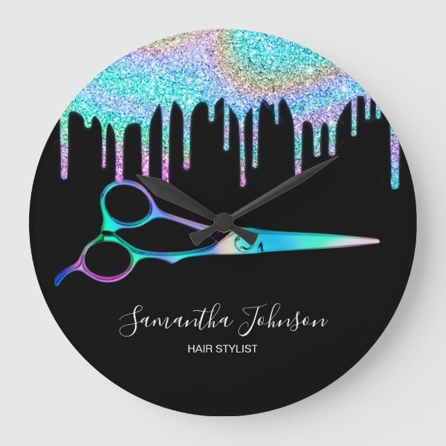 Reloj Redondo Grande Peluquería Holográfica Neon Unicorn B (Anverso)