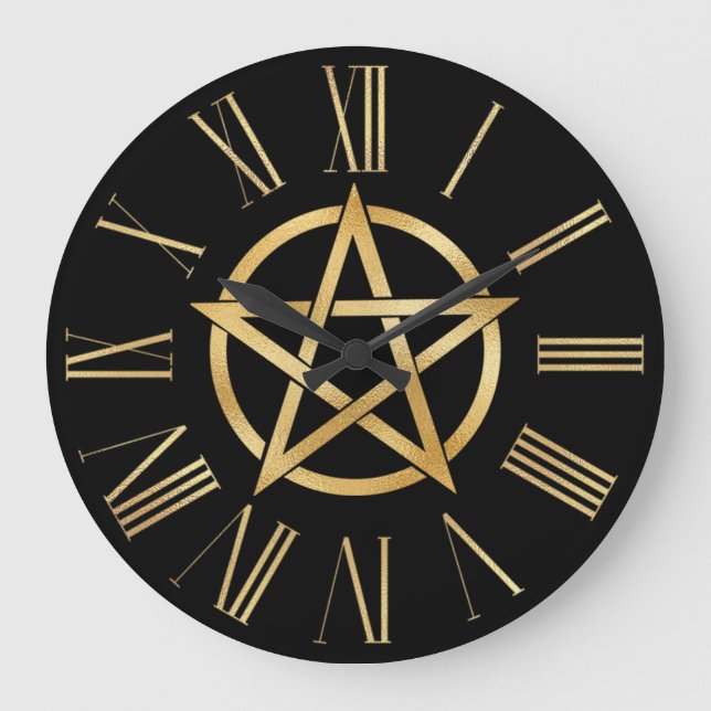 Reloj Redondo Grande Pentagrama negro y dorado  (Anverso)