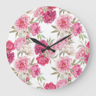 Reloj Redondo Grande Peonías rosadas acuarelas: elegancia floral