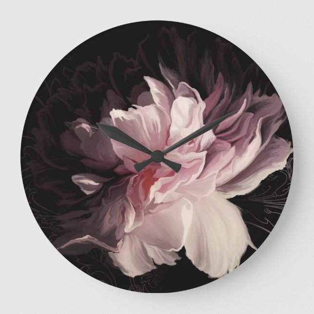 Reloj Redondo Grande Peony Dark Wall: Diseño de flores pintadas (Anverso)