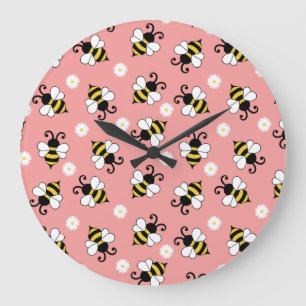 Reloj Redondo Grande Pequeñas abejas y flores de margarita