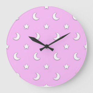 Reloj Redondo Grande Pequeñas estrellas blancas y lunas sobre rosa