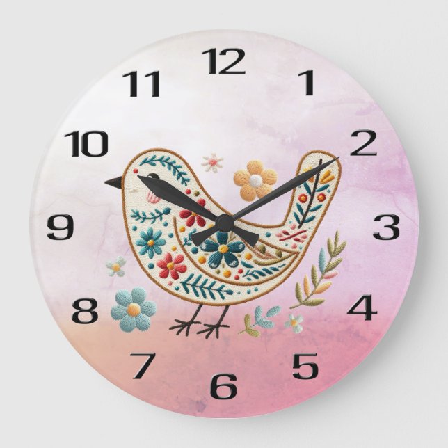 Reloj Redondo Grande Pequeño Bird Floral Embroideric Pink Wall Clock (Anverso)